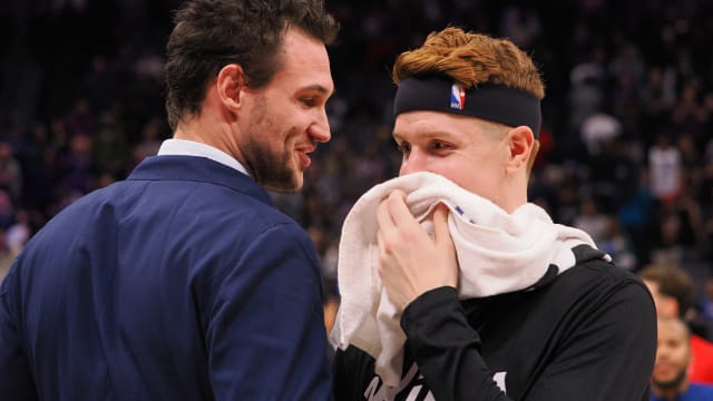 Dec 18, 2023; Sacramento, California, USA; Washington Wizards Danilo Gallinari (lefT) and Sacramento Kings forward/guard Kevin Huerter (right) greet each out after the game at Golden 1 Center. Mandatory Credit: Kelley L Cox-USA TODAY Sports